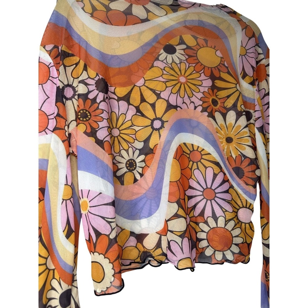 70s Sheer Bell Sleeve Top Floral psychedelic Unbranded Boho Dopamine M/L - Picture 4 of 6